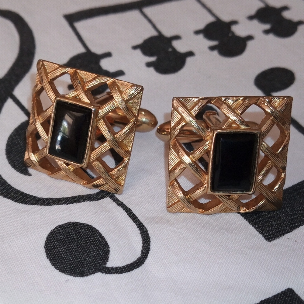 Vintage Gold and Black Square Cuff Links